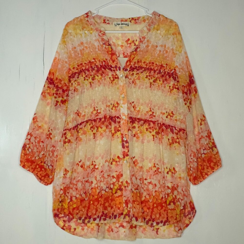 Hope Springs Sunset Top 3/4 Sleeve Sheer Button Up Blouse with Built in Tank Top